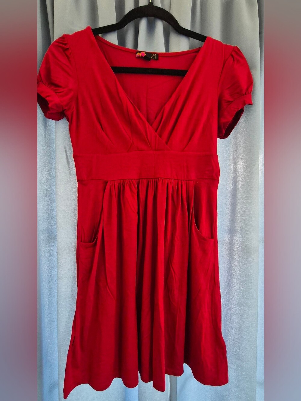 Forever 21 Vintage Tag Red Puff Sleeve Baby Doll Tunic Top with Pockets - Size S